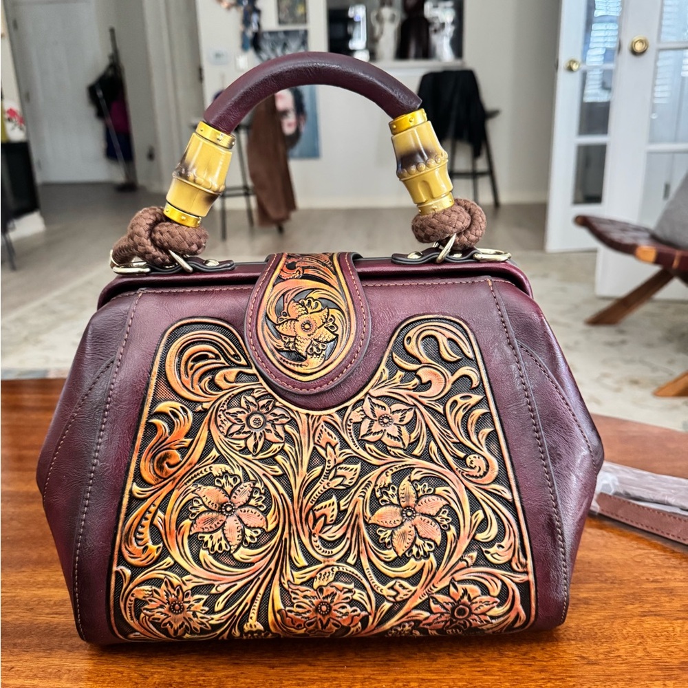 Italian Leather Tooled Floral Frame Satchel Purse Burgundy Bamboo Handle Bag